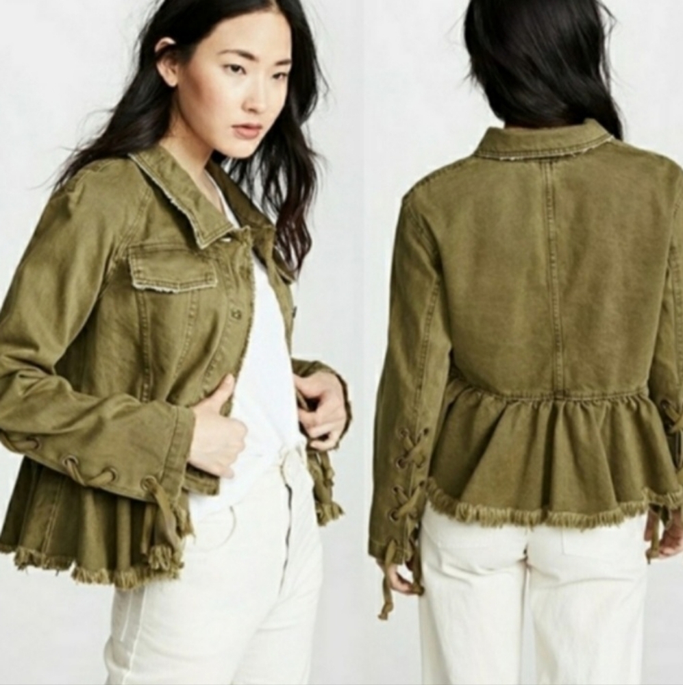 Free People Willow Olive Denim Jean Jacket Size XS Peplum